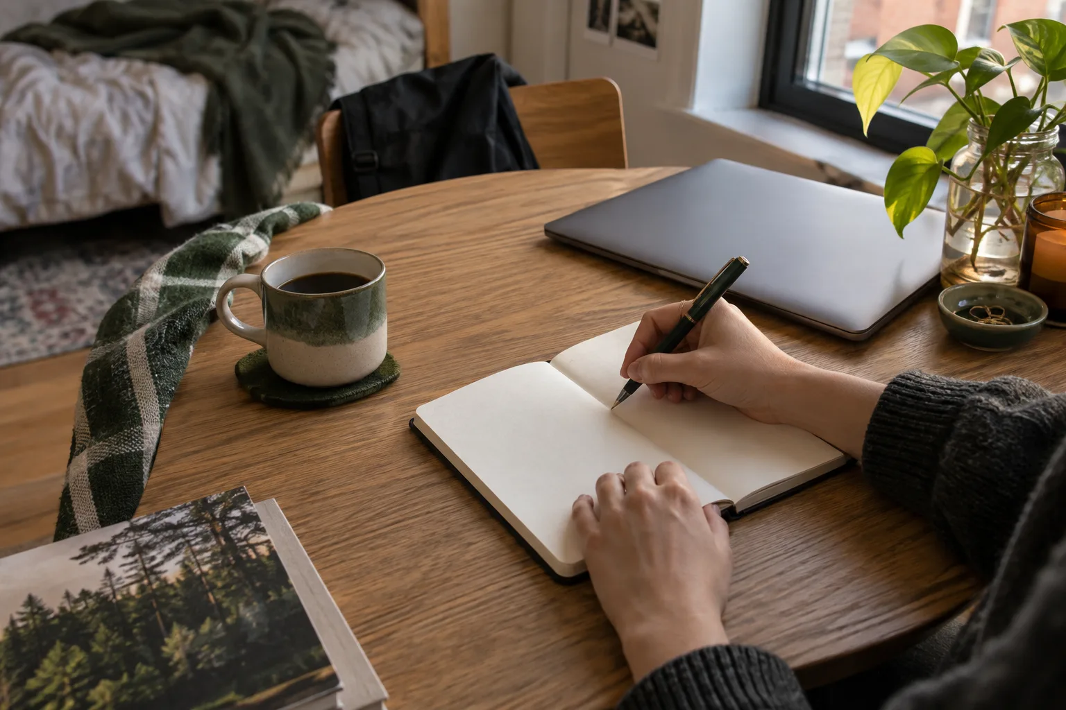 Illustrative hands making a personal plan at a sunlit desk
