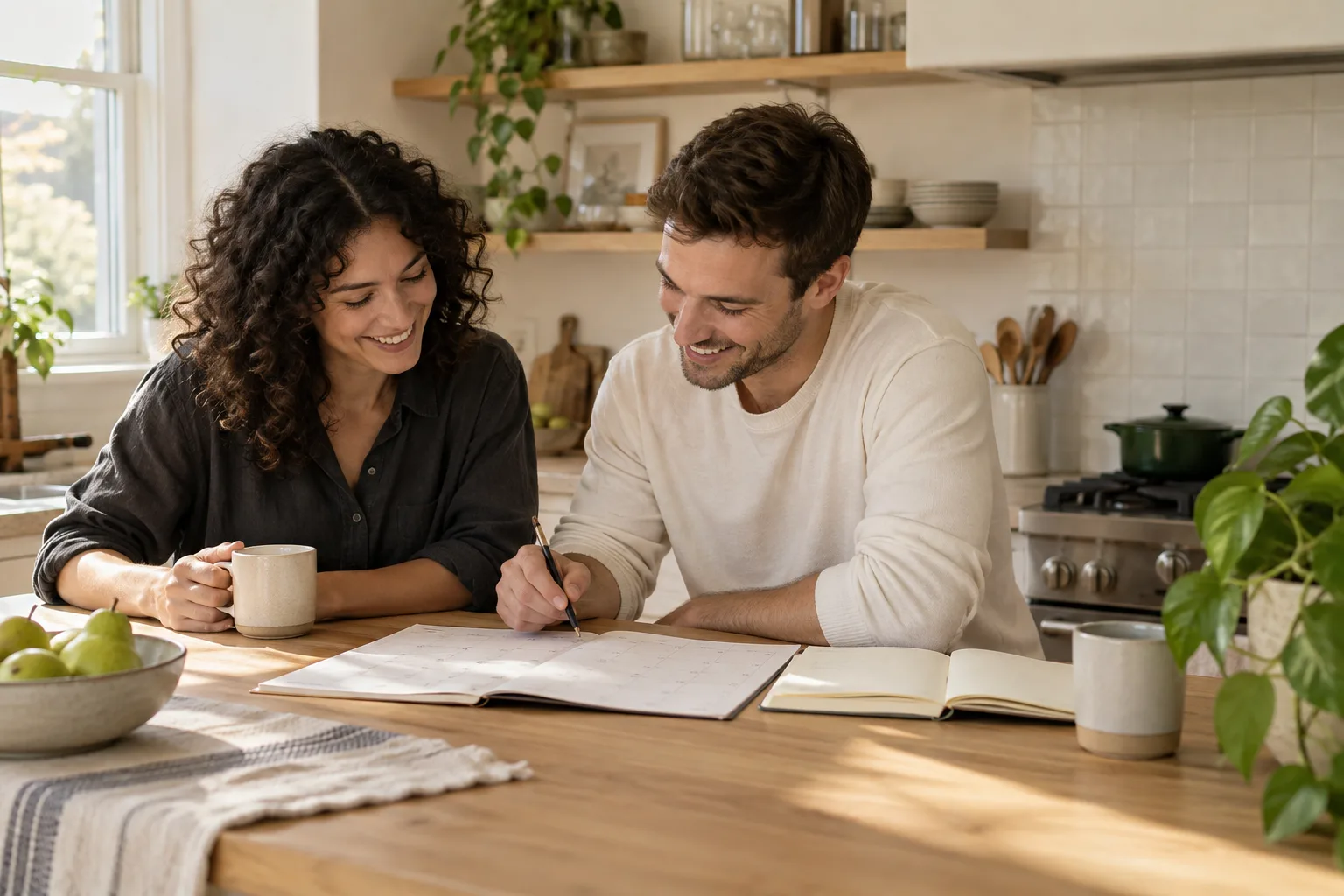 A couple planning in the kitchen