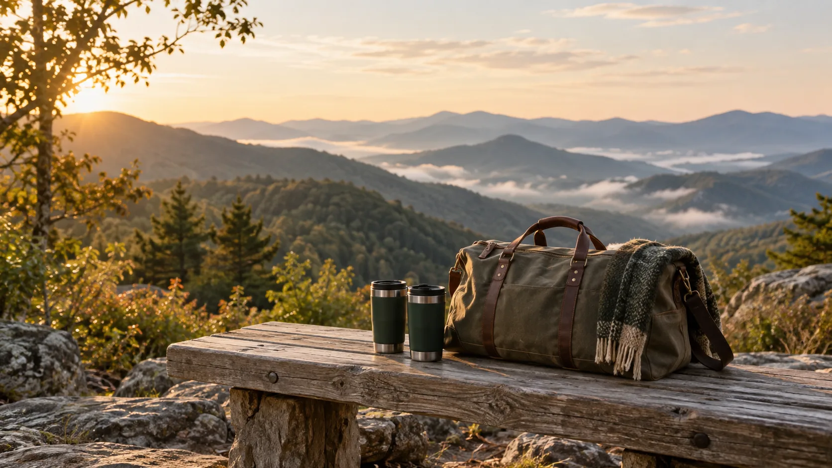 Packed bag at a mountain overlook